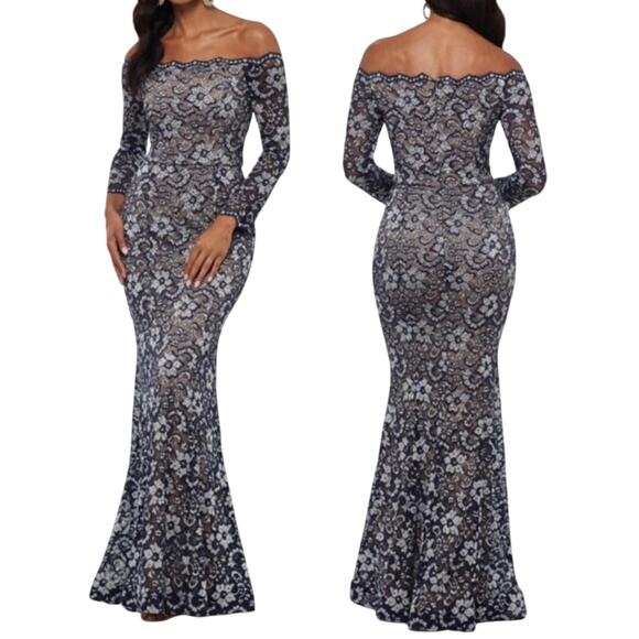 Xscape Off Shoulder Floral Lace Gown Long Sleeve Rhinestone Blue Over Cream 6 - Picture 1 of 8